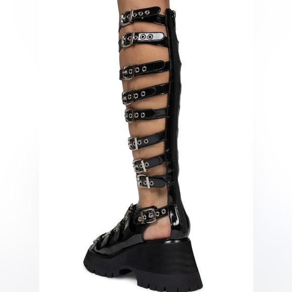 NIB Jeffrey Campbell black Post-Punk knee high cage gladiator chunky heel sandal - Picture 4 of 14
